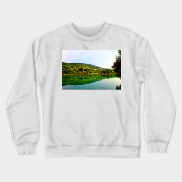 Classic panorama with Marche hilly landscape, emerald waters of the lake, tree silhouette and lush vegetation Crewneck Sweatshirt by KristinaDrozd